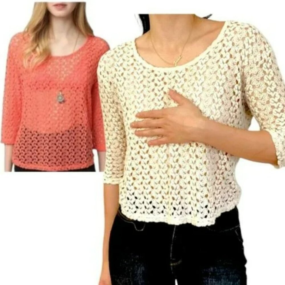 Anthropologie Ivory Cream White Cotton Knit Weave Crochet Sweater Tunic Top S